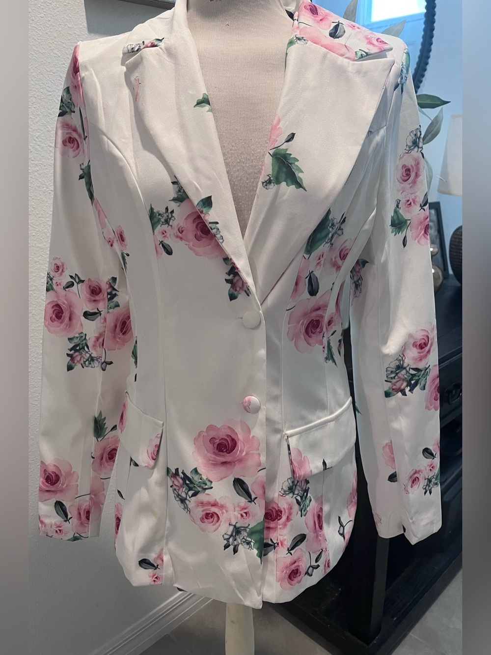 White Blazer with Pink Rose Print
